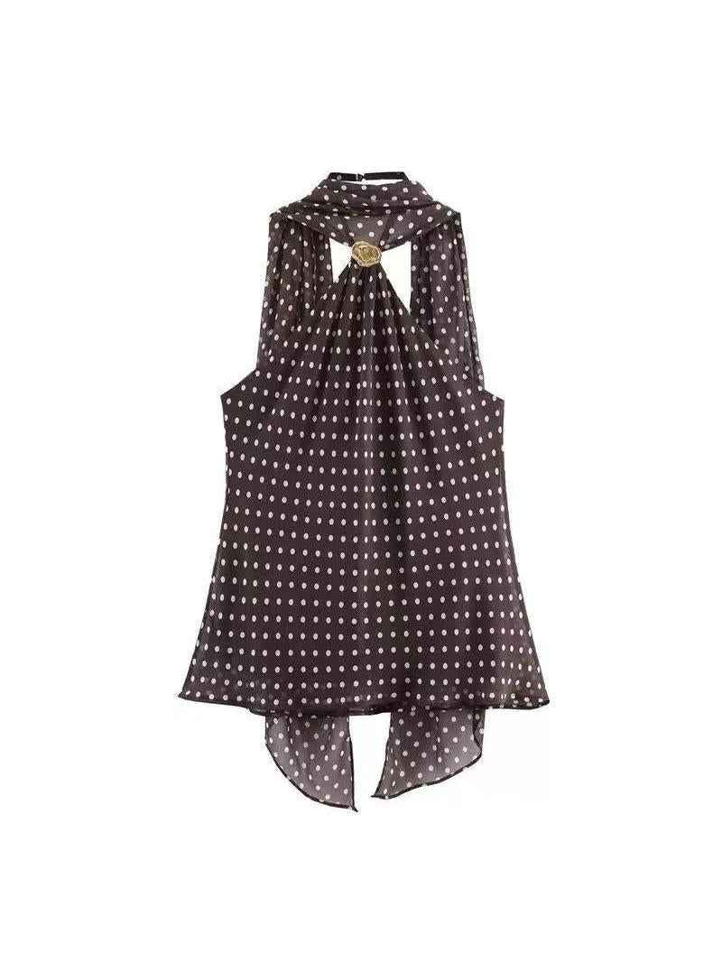 Polka Dot Scarf Neck Sleeveless Top