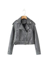 PU Leather Lapel Collar Crop Jacket With Belt