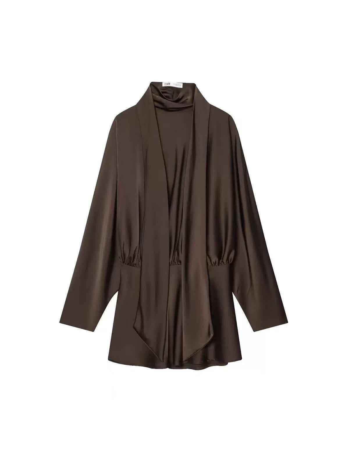 Satin tie-neck tunic mini dress in brown by Exclusives on sale