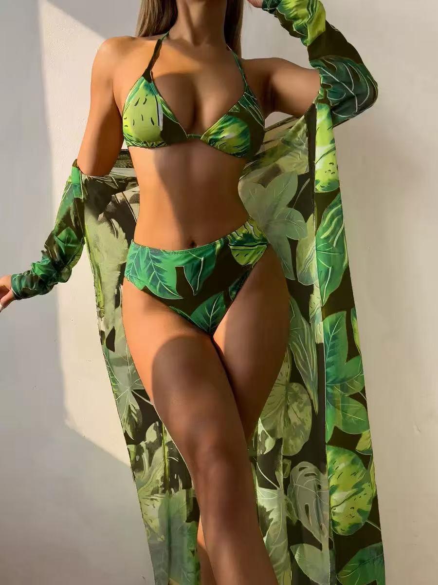 3 Piece Mesh Print Green Bikini Swimsuit with Coverup