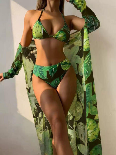3 Piece Mesh Print Green Bikini Swimsuit with Coverup