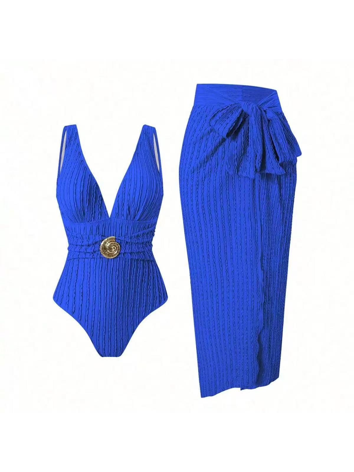Textured Plunge Bikini & Wrap Sarong Skirt Swimsuit Set