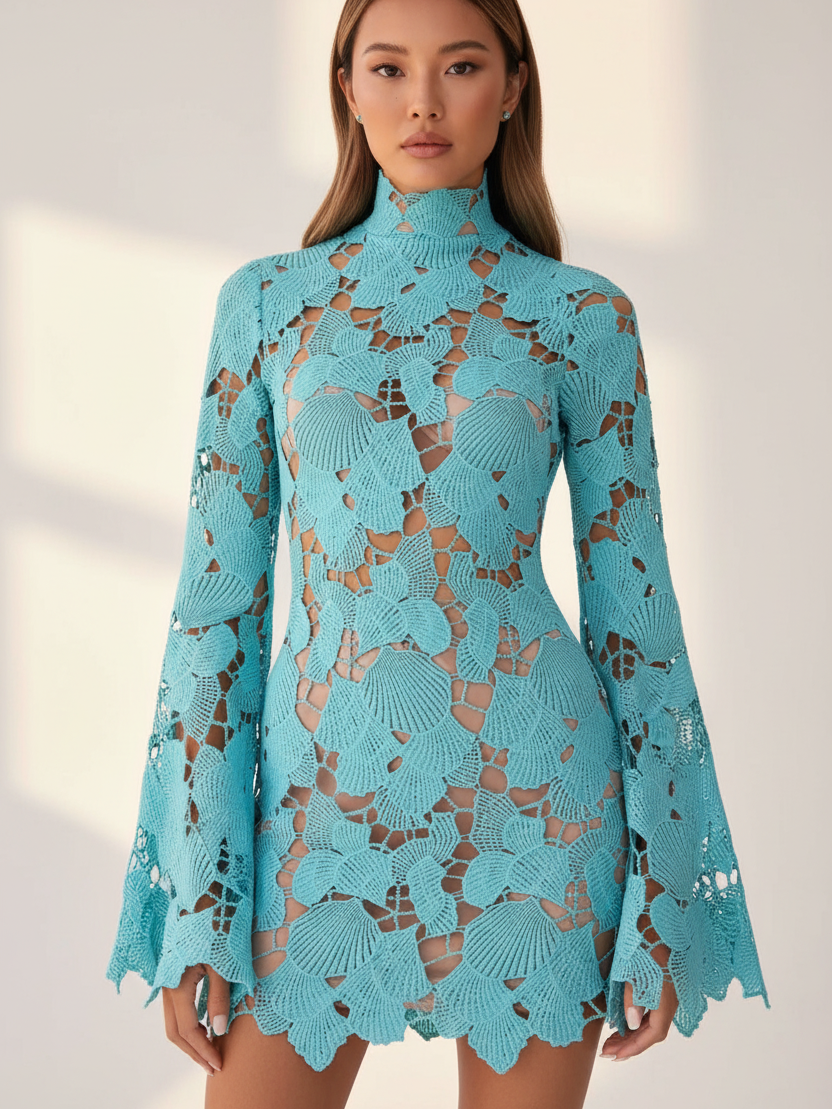 Ocean Shells Turquoise Lace Mini Dress