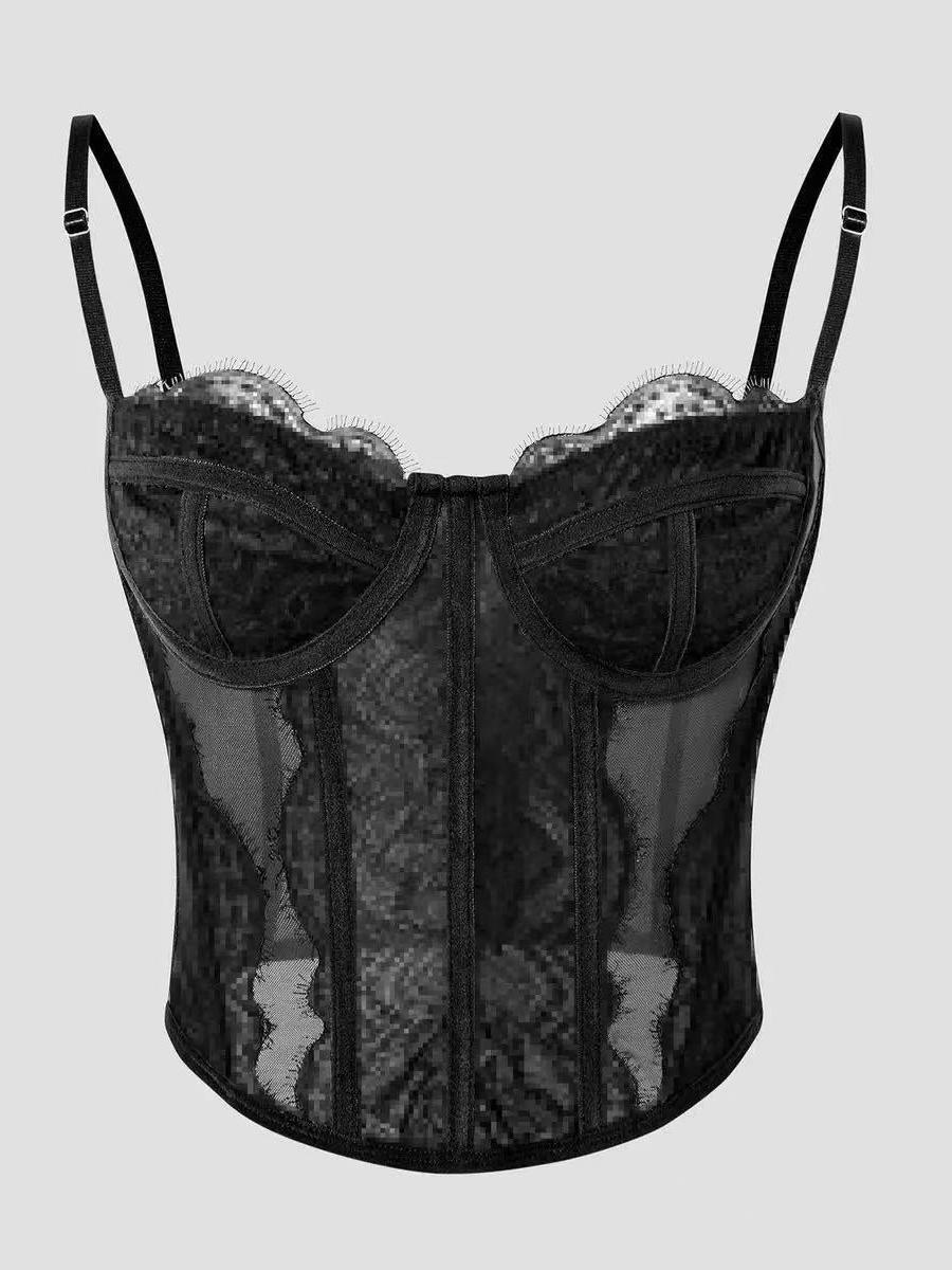 Black sheer mesh corset bustier top with lace trim and boning