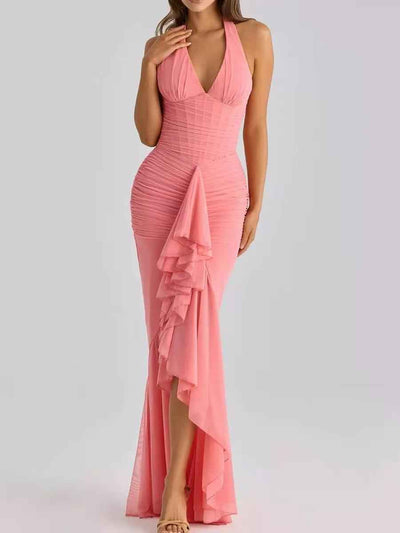 Seraphina Ruched Ruffle Halter Maxi Dress