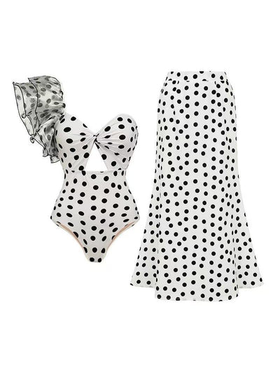 Polka Dot Ruffle One Shoulder Cutout Bodysuit & Skirt Swimsuit Set