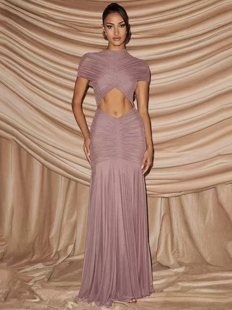 Twisted Cutout High-Neck Maxi Dress by Exclusives, mauve floor-length gown with ruched bodice and waist cutout