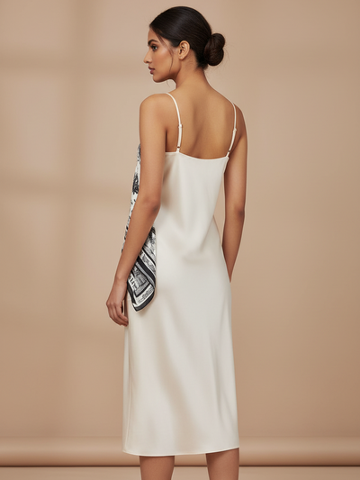 Tropical Scarf Overlay Slip Dress, white satin with black-and-white scarf overlay