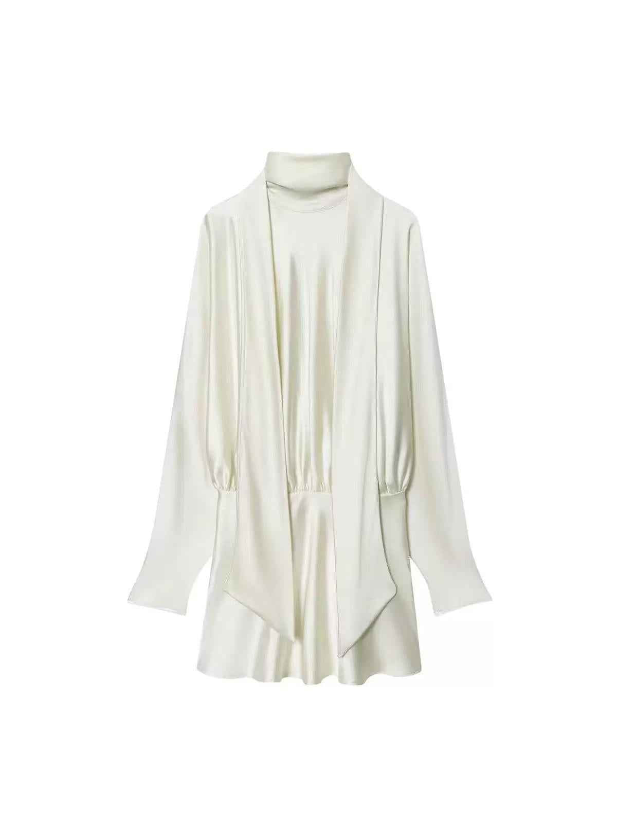 Satin Tie-Neck Tunic Mini Dress by Exclusives, ivory satin, dresses on sale