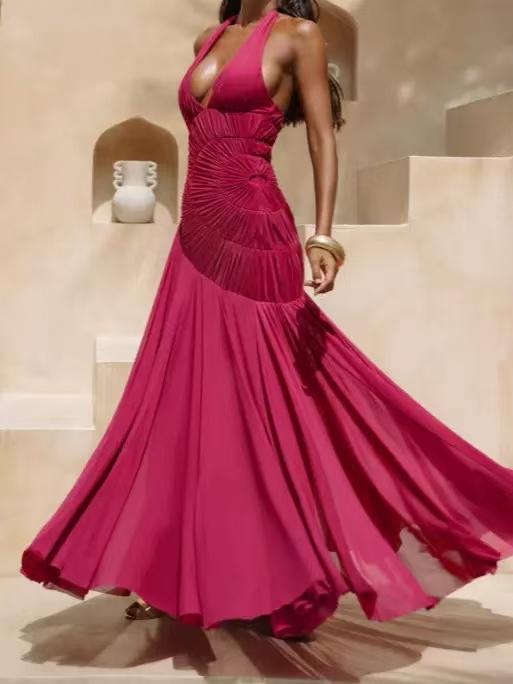 Valentina Ruched Halter Maxi Dress, pink gown with ruched bodice and flowing skirt