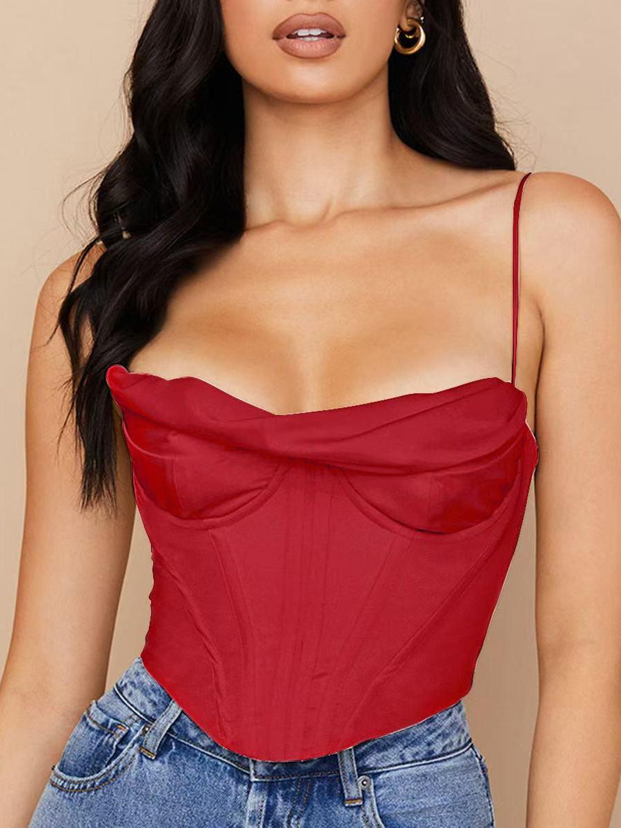 Pile Collar Satin Pleated Boning Corset Camisole Top