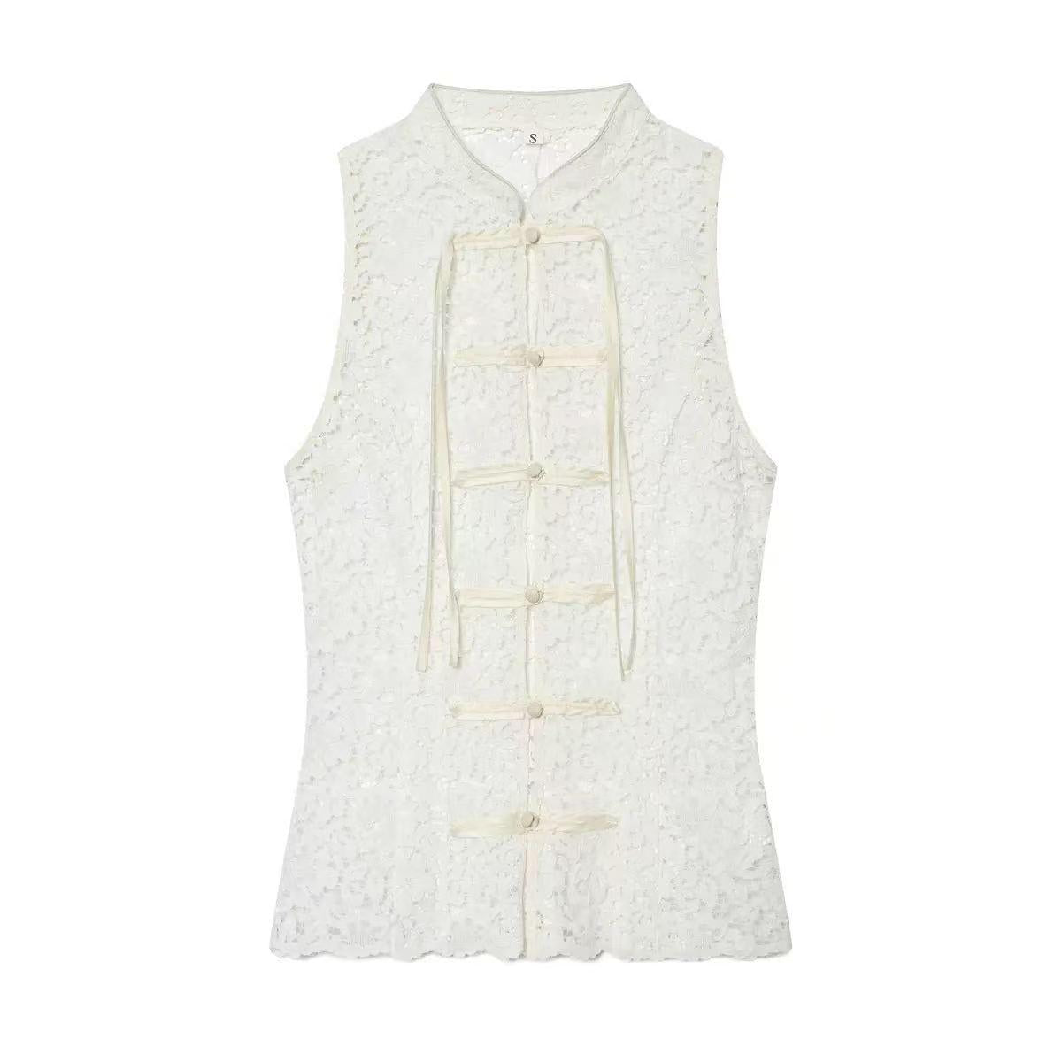 Ivory Oriental Lace Mandarin Top by EXCLUSIVES, lace sleeveless blouse with Mandarin collar and ribbon closures.