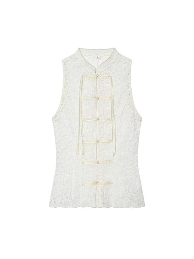 Ivory Oriental Lace Mandarin Top by EXCLUSIVES, lace sleeveless blouse with Mandarin collar and ribbon closures.