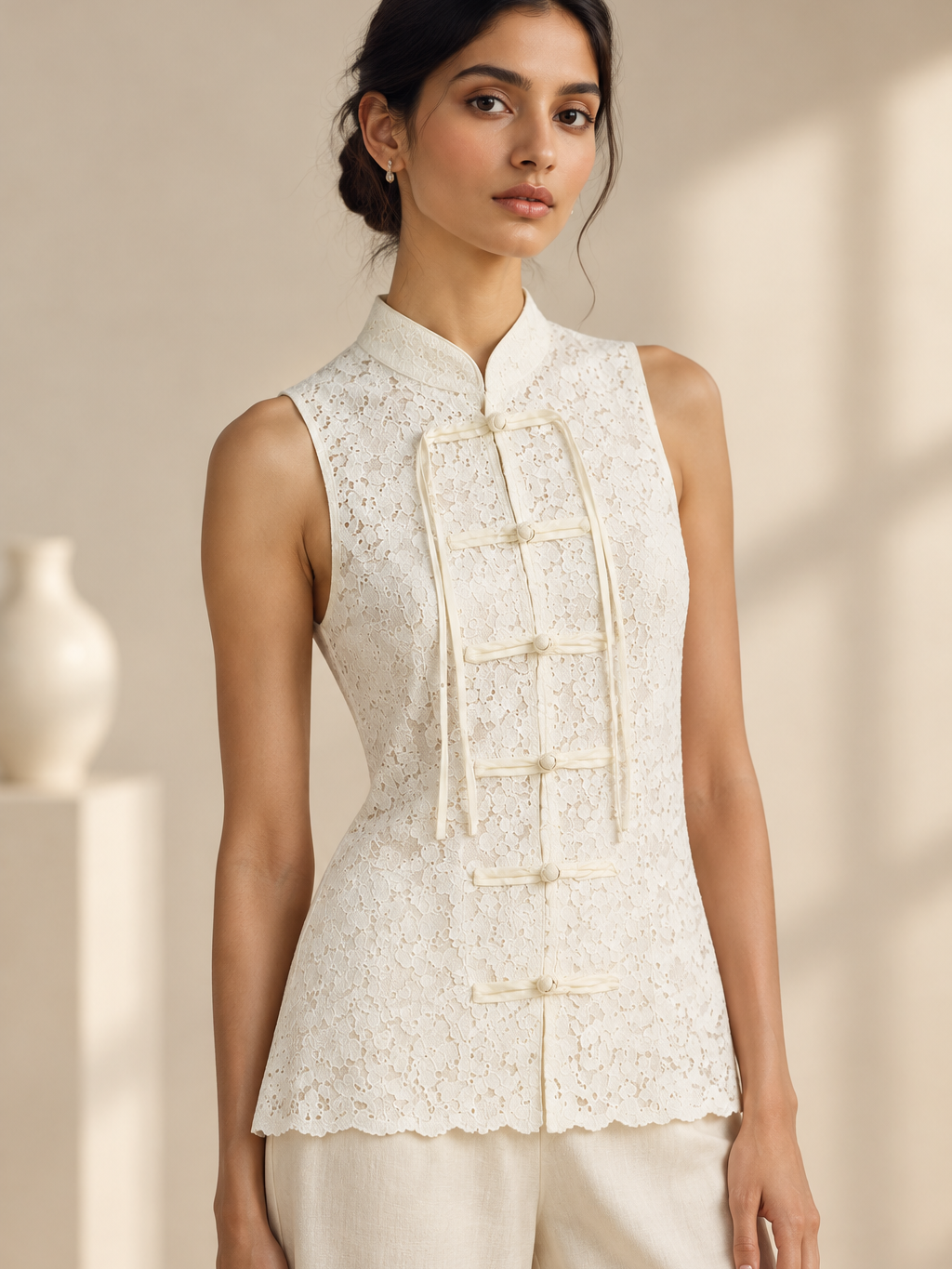 Ivory Oriental Lace Mandarin Top, lace blouse, sleeveless