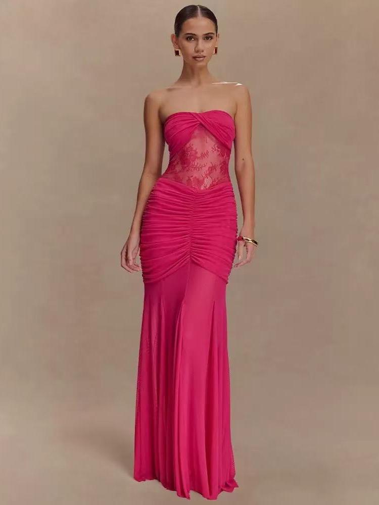 Sheer Ruched Strapless Maxi Dress