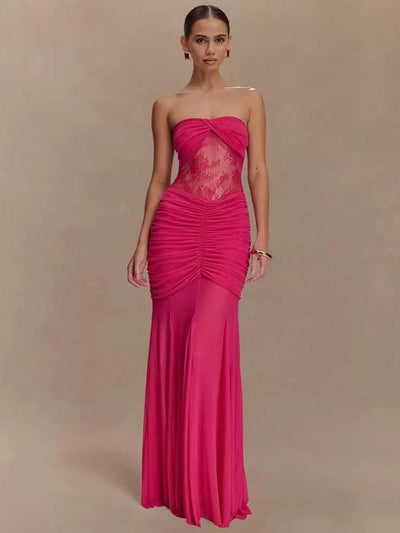 Sheer Ruched Strapless Maxi Dress