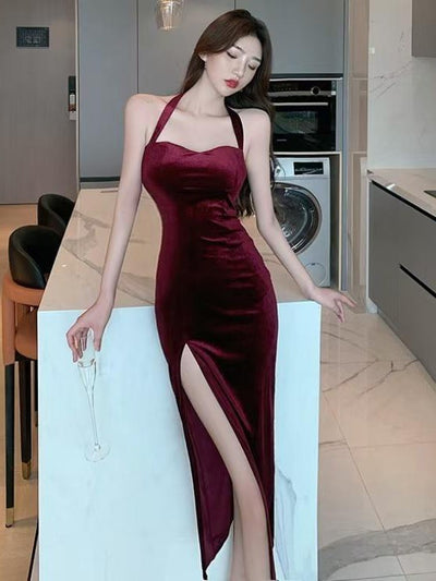 Halterneck Sweetheart Neck Velvet Slit Midi Dress