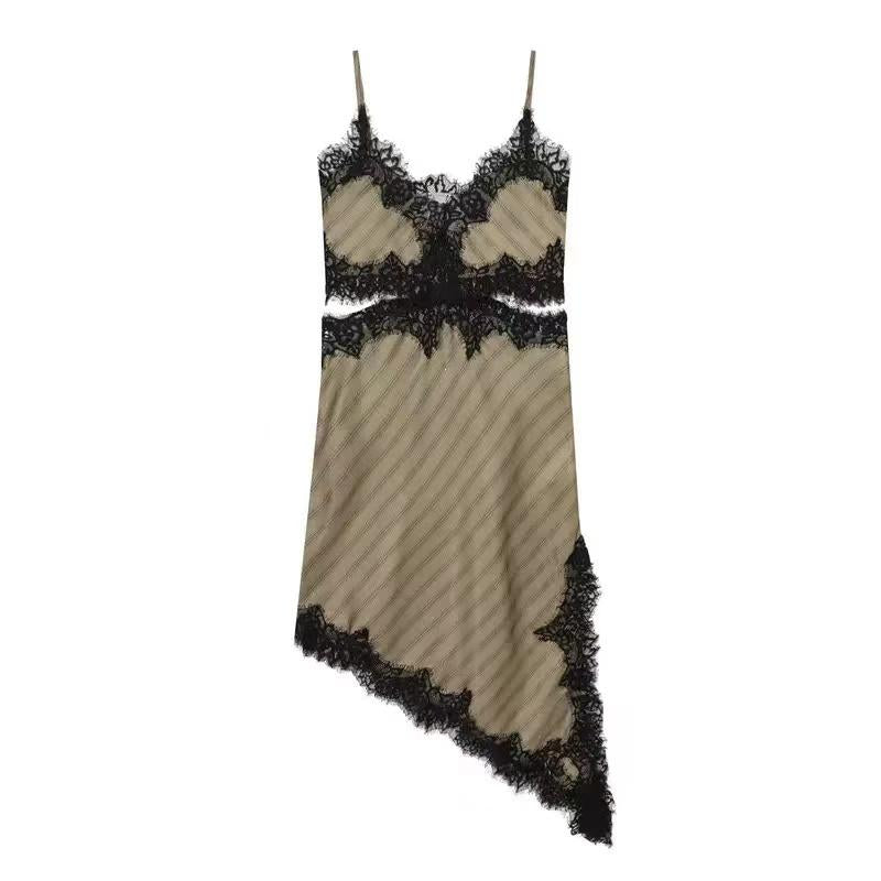 Noir Lace Trim Asymmetric Slip Dress with beige slip and black lace trim, asymmetric hem