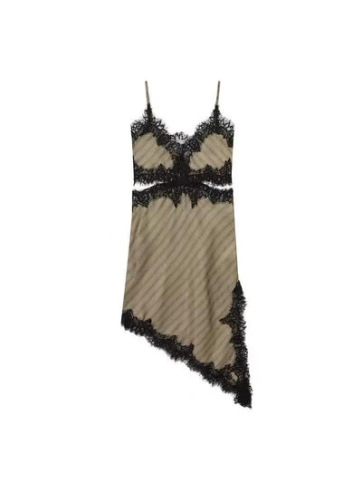 Noir Lace Trim Asymmetric Slip Dress with beige slip and black lace trim, asymmetric hem