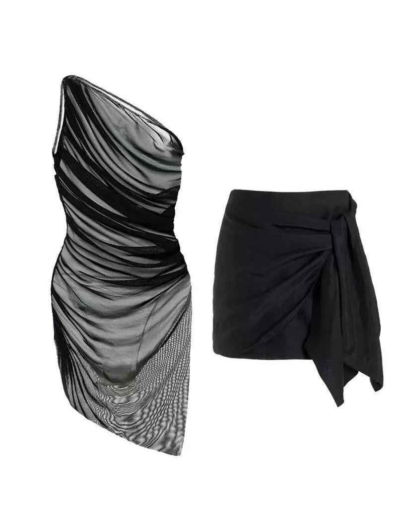 One-Shoulder Mesh Ruched Swimdress & Wrap Skirt Set