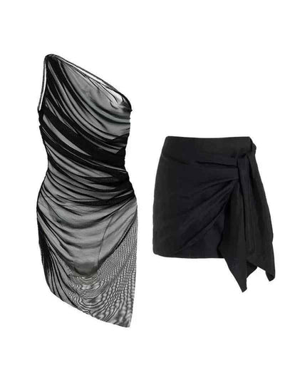One-Shoulder Mesh Ruched Swimdress & Wrap Skirt Set