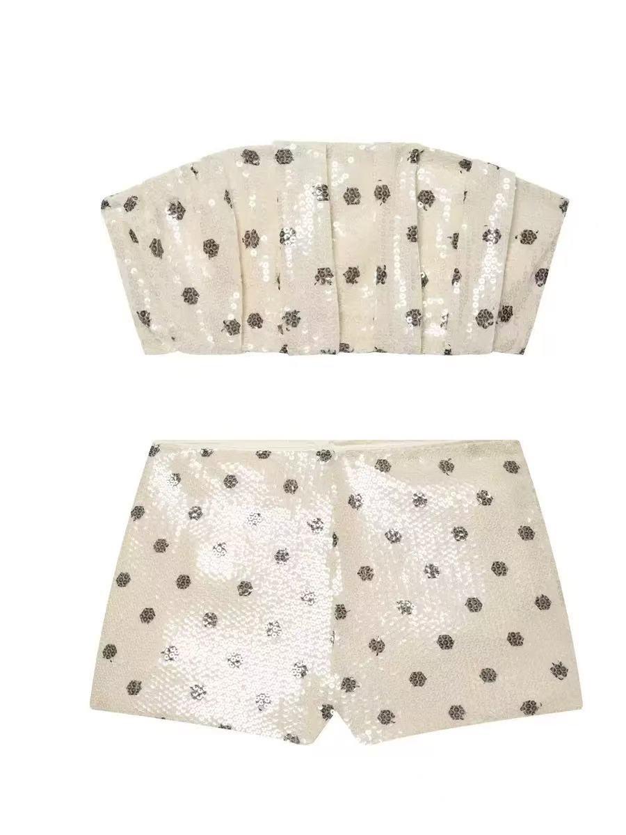 Celeste 2-piece sequin bandeau & shorts co-ord set by EXCLUSIVES, champagne with silver polka-dot sequins