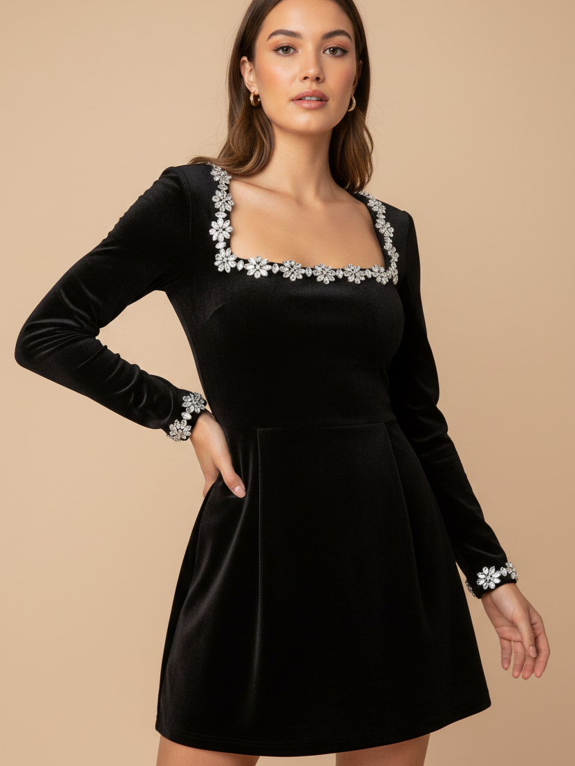 Rhinestone Floral Applique Velvet Short Dress, black with crystal floral neckline and cuffs