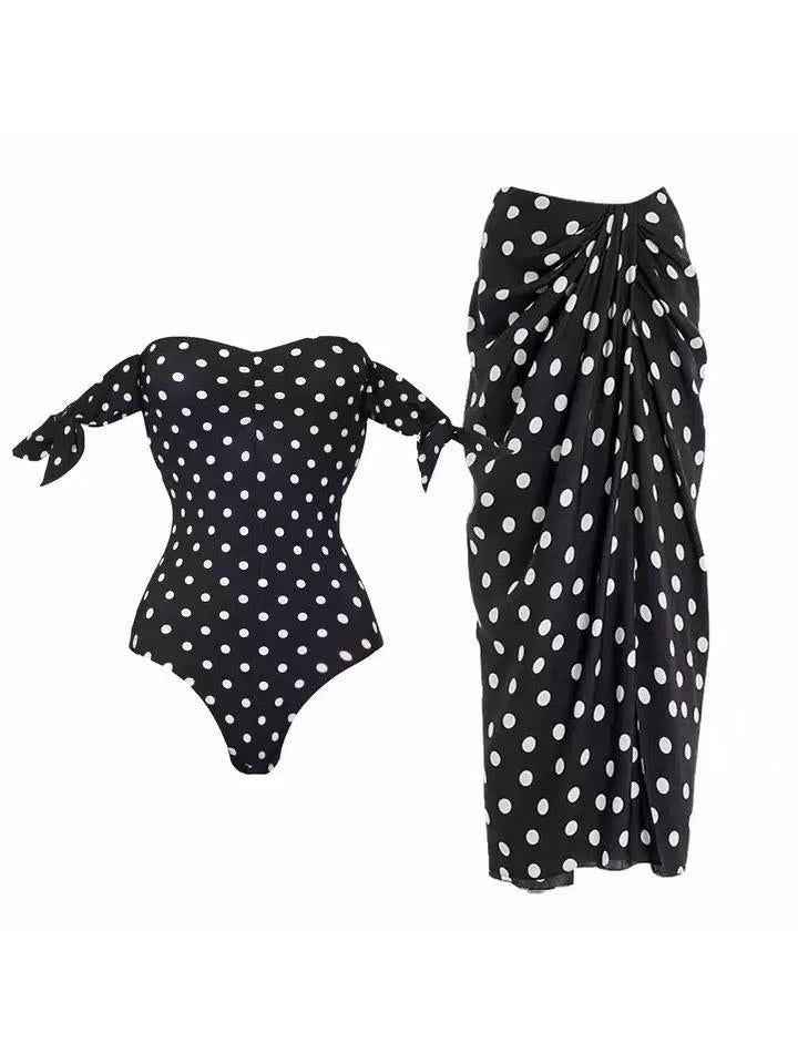 Polka Dot Off-Shoulder Swimsuit & Sarong Set