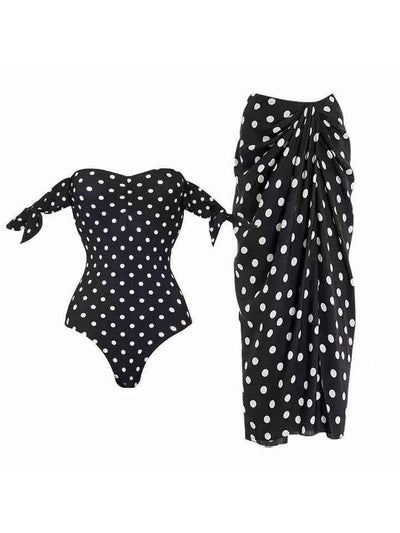 Polka Dot Off-Shoulder Swimsuit & Sarong Set