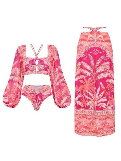 Floral Print Ruffles Sleeve Top & Sarong Skirt 3 Piece Swimsuit Set