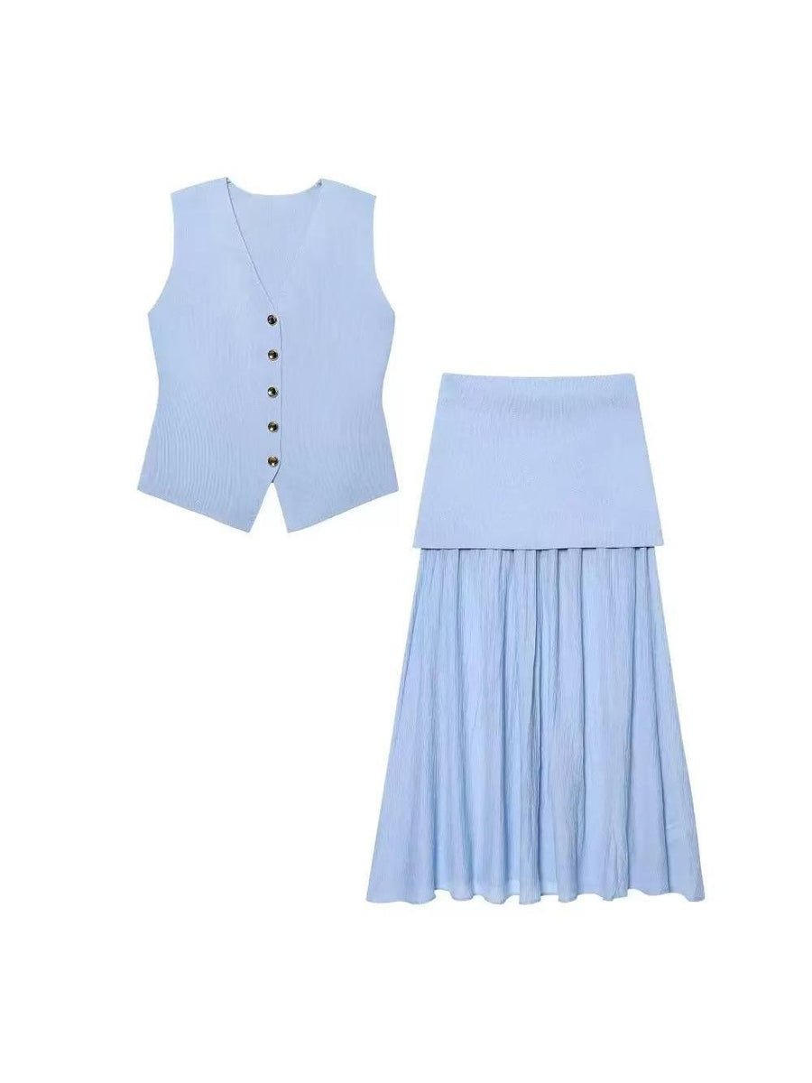 Knitted Vest Coat & Pleated High Waist Skirt Coord Set