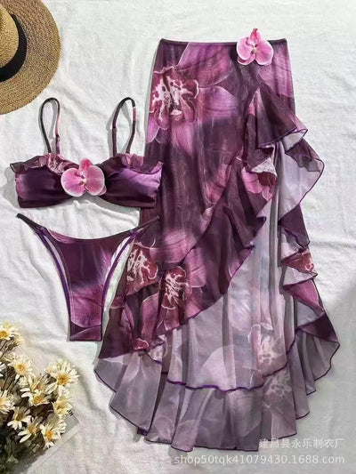 Orchid Tide Ruffle Swimsuit Set: purple orchid-print bikini with sheer wrap cover-up, three-piece set
