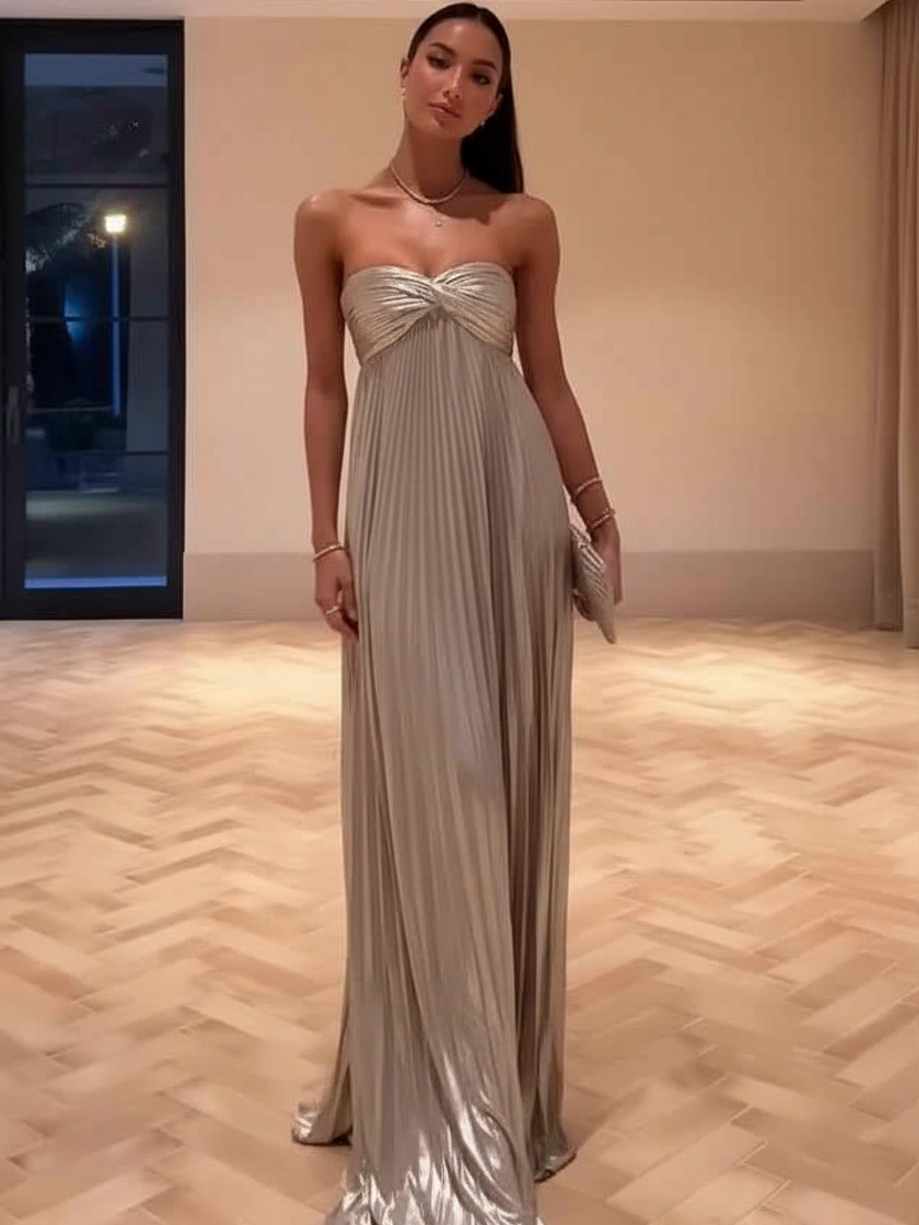Metallic Pleated Knot Bandeau Gown by Exclusives, silver-toned strapless floor-length dress