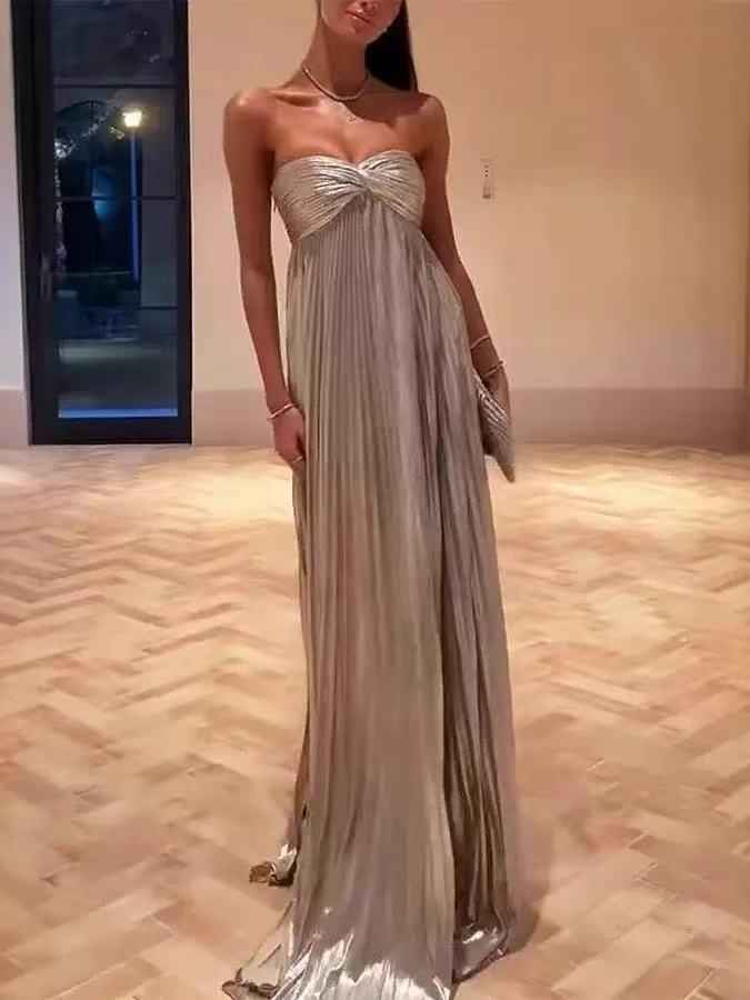 Metallic Pleated Knot Bandeau Gown