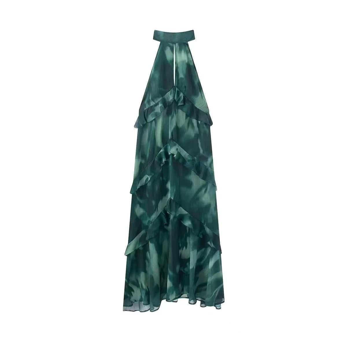 EXCLUSIVES High Neck Ruffle Halter Maxi Dress, emerald green with layered ruffles