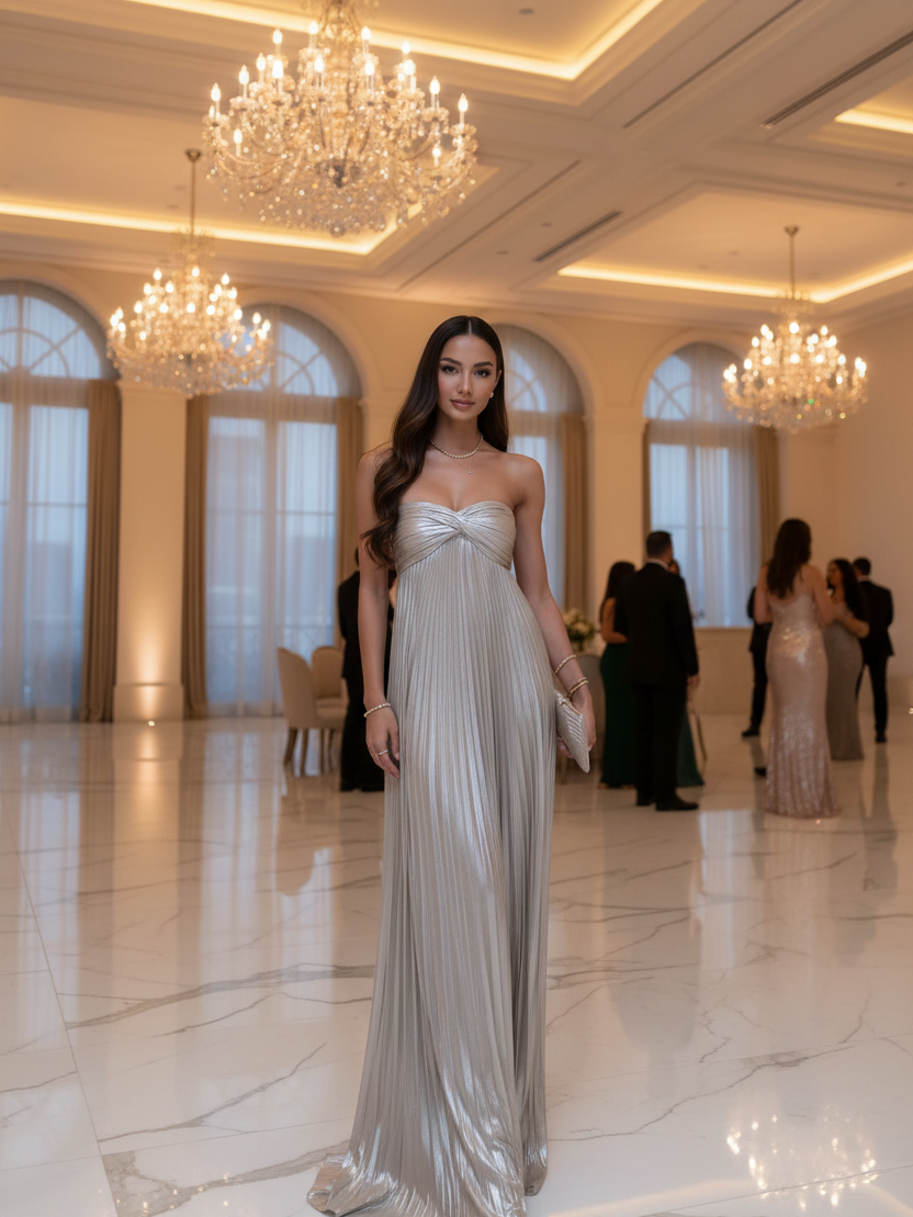 Metallic Pleated Knot Bandeau Gown by Exclusives, silver floor-length dress