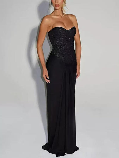 Ophelia Corset Maxi Dress, black strapless gown with a sequined corset bodice.