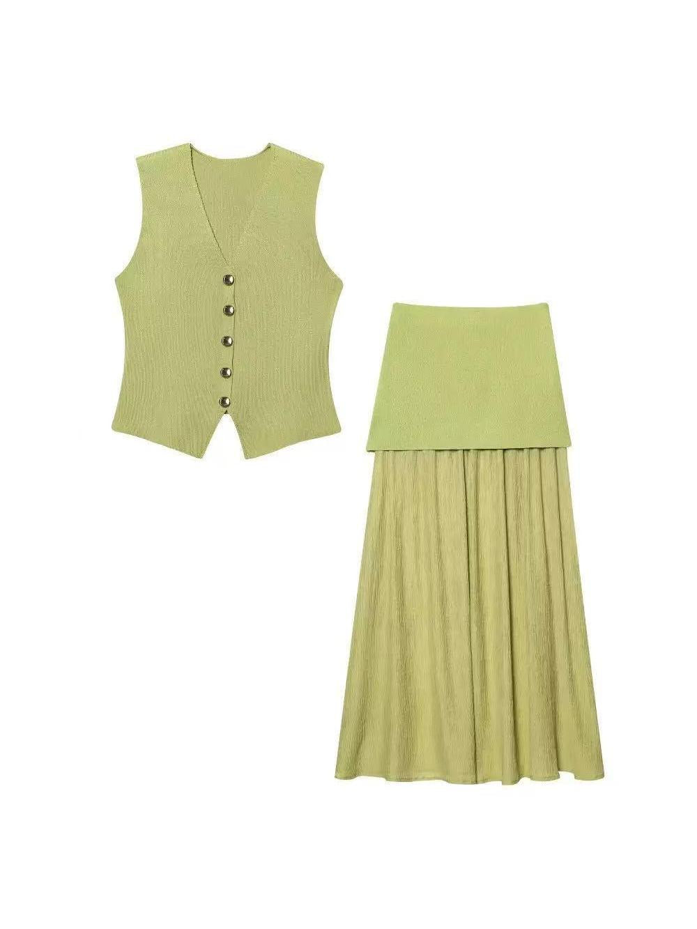 Knitted Vest Coat & Pleated High Waist Skirt Coord Set