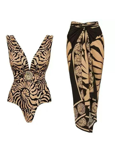 Floral Vintage Print Applique Bikini & Sarong Skirt Swimsuit Set