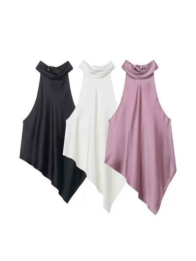 High-Neck Asymmetric Satin Cape Top in black, white and pink; three color options on sale
