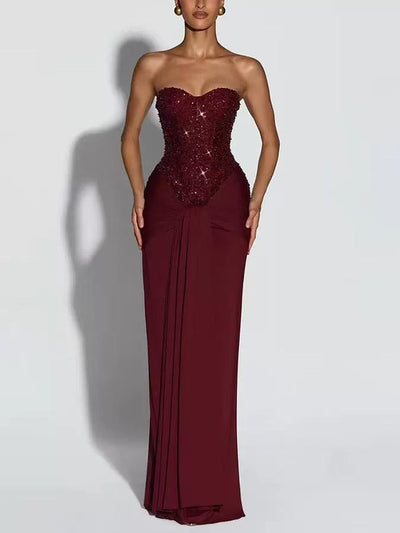 Ophelia Corset Maxi Dress on sale by Exclusives, burgundy sequin-embellished strapless gown with a flowing skirt.