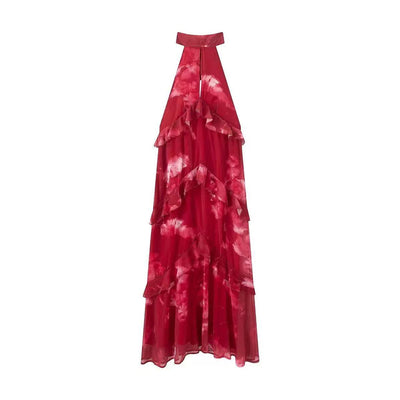 High Neck Ruffle Halter Maxi Dress by EXCLUSIVES, red tie-dye tiered dress