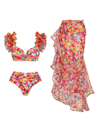 Floral Print Ruffle Bikini Set With Skirt