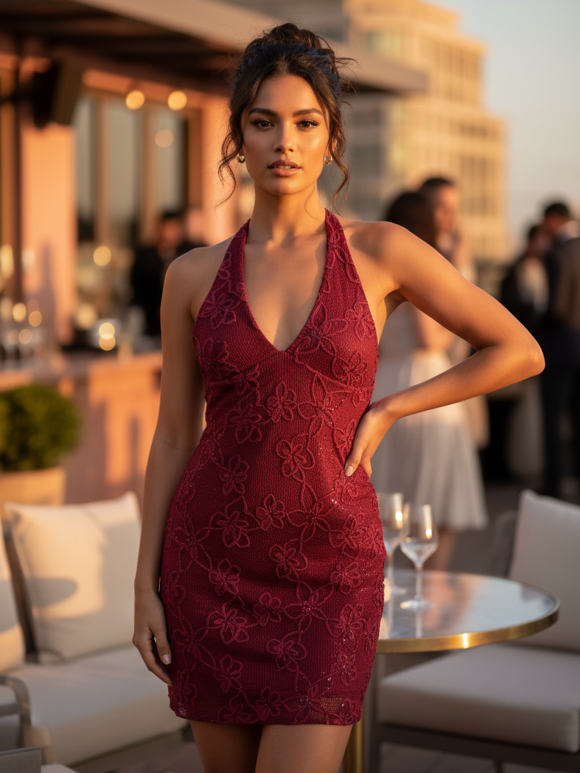 Floral Lace Halter Mini Dress by Exclusives in burgundy