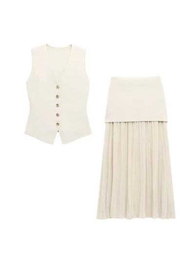 Knitted Vest Coat & Pleated High Waist Skirt Coord Set