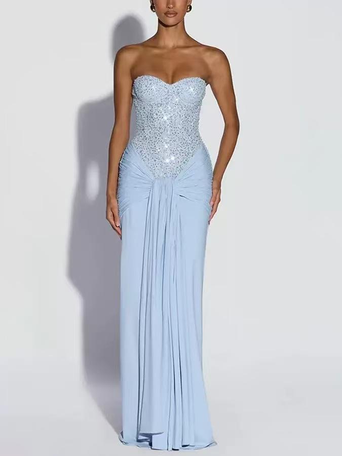 Ophelia Corset Maxi Dress by EXCLUSIVES; light blue strapless sequined bodice with draped front and flowing skirt