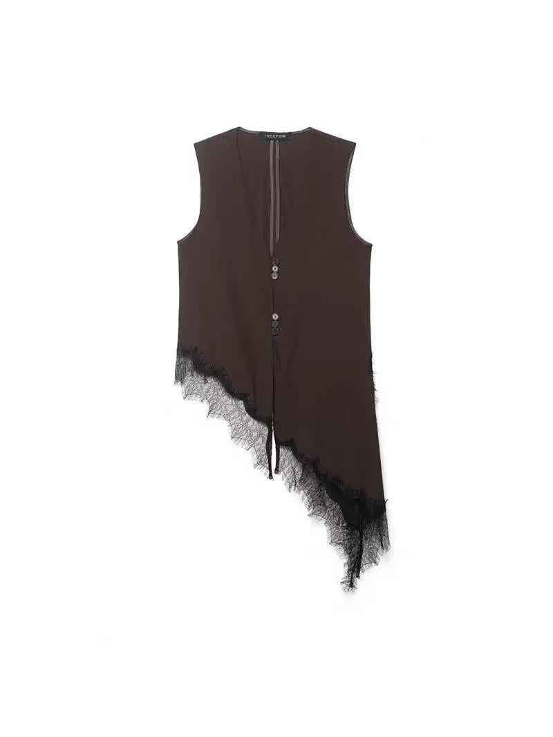 Asymmetrical Lace Trim Button Vest Top
