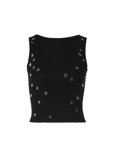 Crystal Drop Ribbed Crop Top by Exclusives; black tank top with clear crystal embellishments.