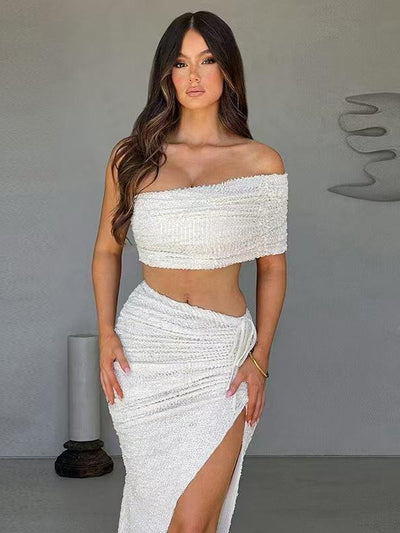 One Shoulder Tube Crop Top & Ruched Slit Skirt Coord Set