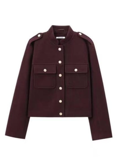 Burgundy wool jacket with stand collar, shoulder epaulets, two chest flap pockets, and silver button-front closure.